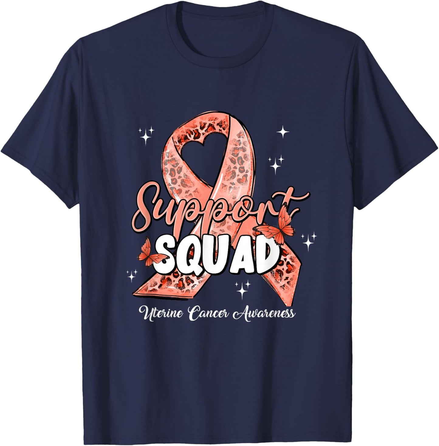 Support Squad Butterfly Peach Ribbon Uterine Cancer Gifts T-Shirt - T-Shirt | Navy