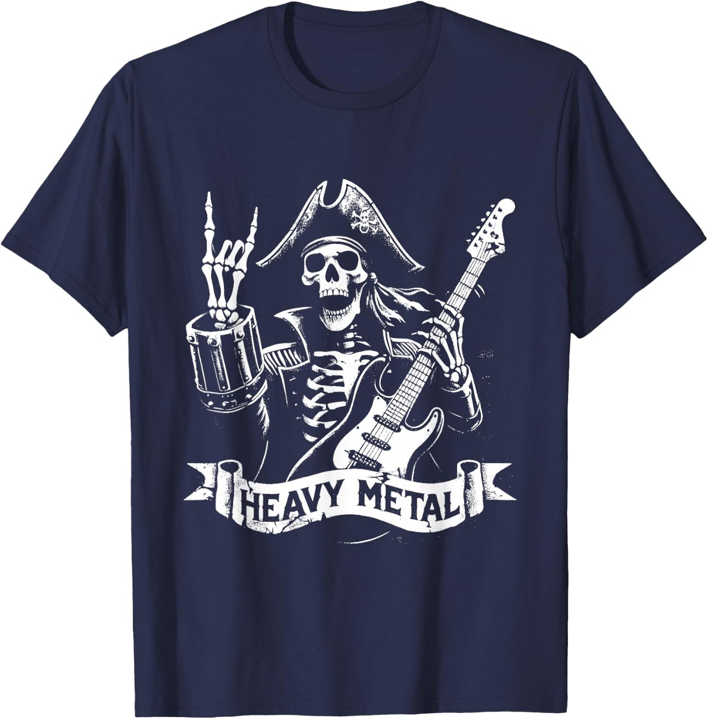 Pirate Heavy Metal - Vintage Pirate Skeleton Guitar , Black, S T-Shirt - T-Shirt | Navy