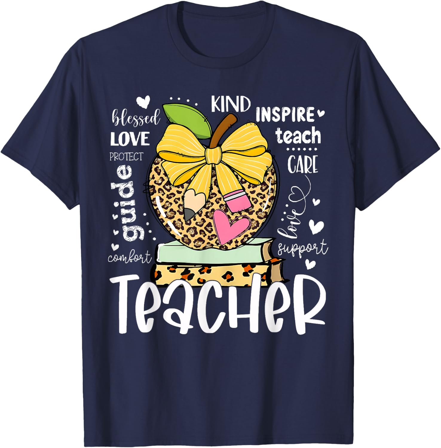Back to School Teacher Leopard Apple Bow Women Girl T-Shirt - T-Shirt | Navy