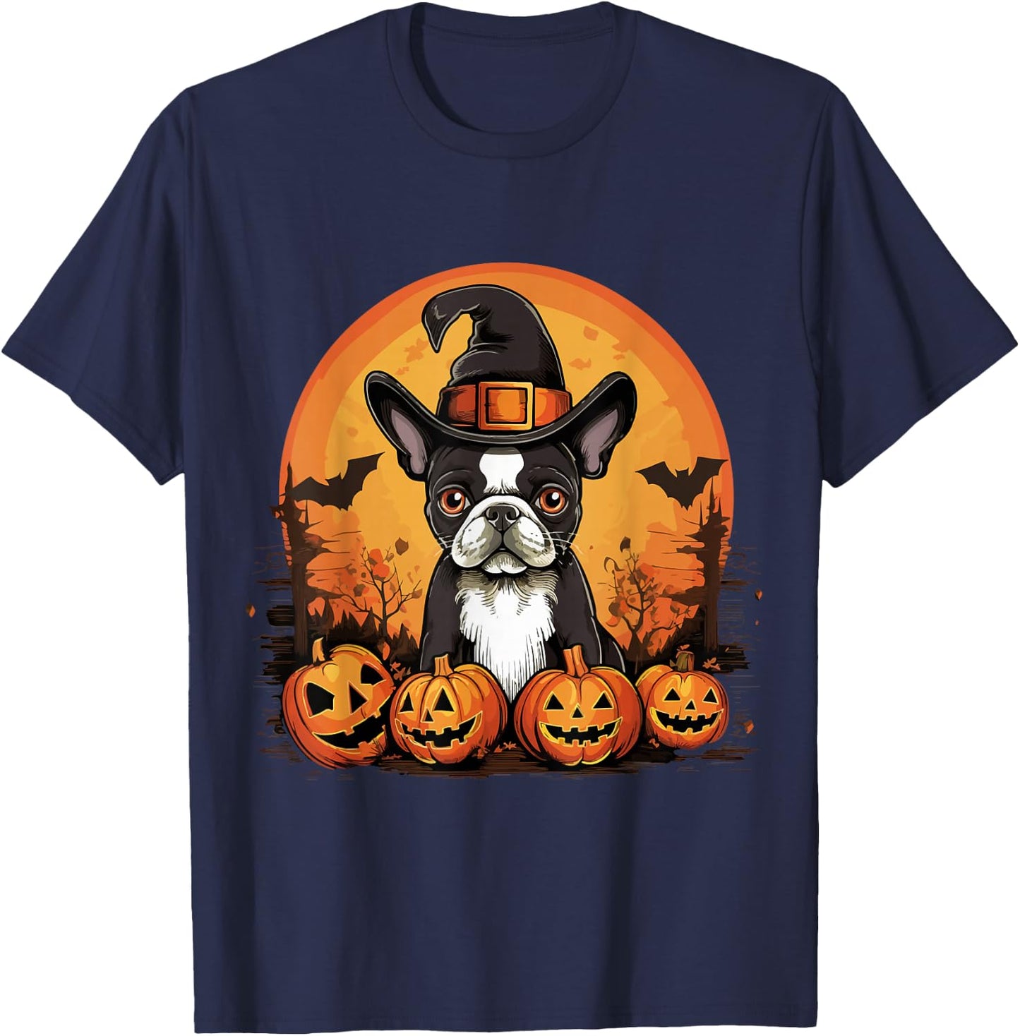 Boston Terrier Bostie Dog Breed Pet Halloween Pumpkins Men Women Kids T-Shirt - T-Shirt | Navy