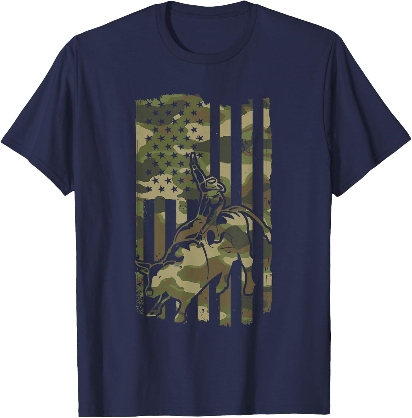 Western Cowboy & Cowgirl Rodeo Bull Riding USA Flag 4th July T-Shirt - T-Shirt | Navy