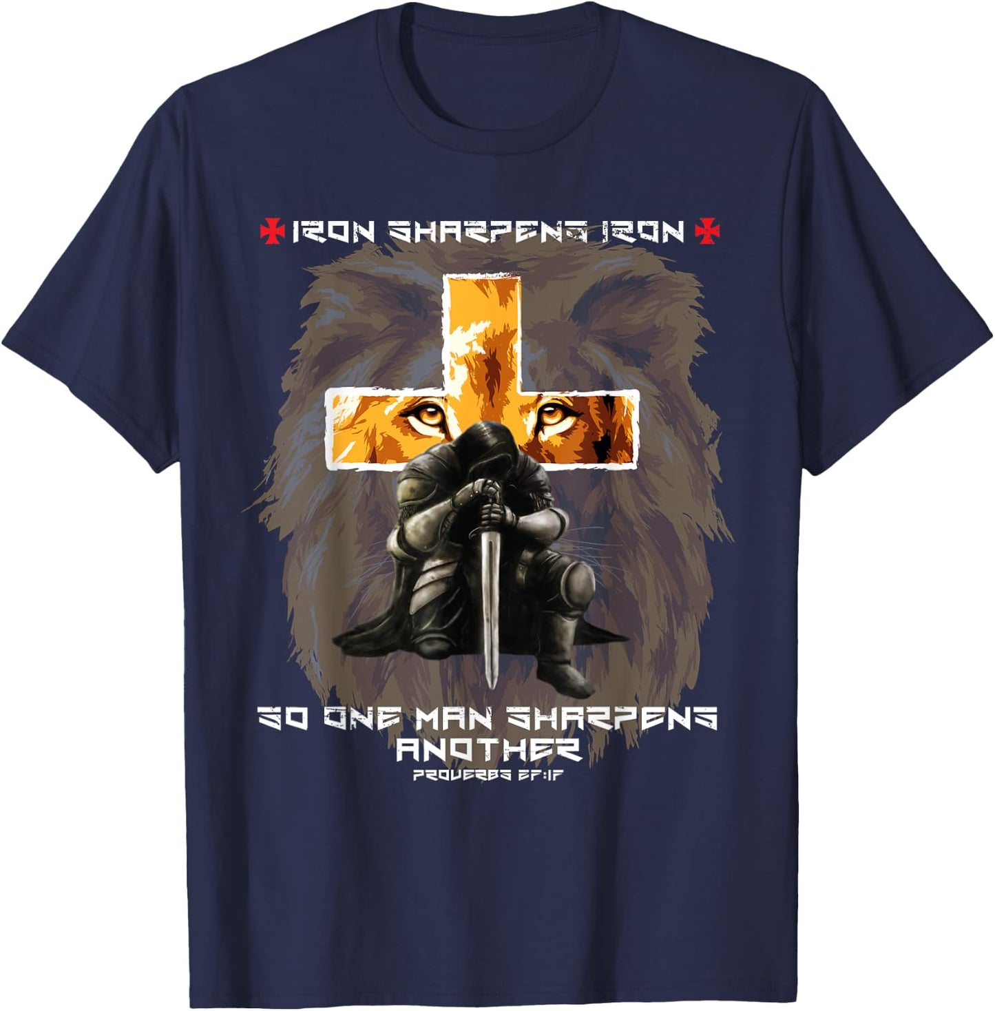 Iron Sharpens Iron Christian Saying Lion Judah Cross Graphic T-Shirt - T-Shirt | Navy