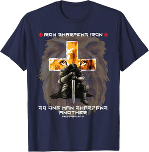 Iron Sharpens Iron Christian Saying Lion Judah Cross Graphic T-Shirt - T-Shirt | Navy