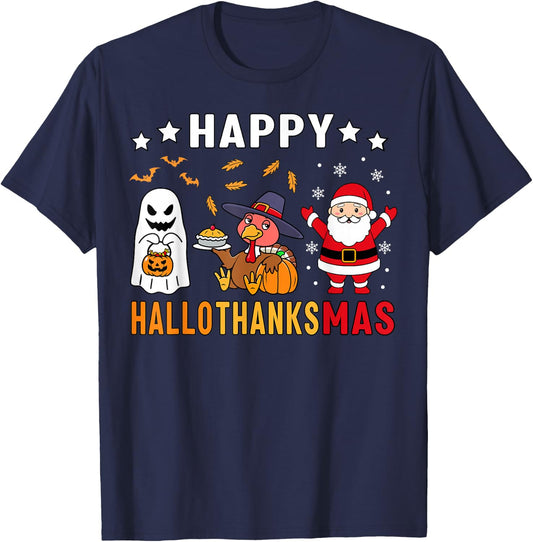 Happy Hallothanksmas Ghost Turkey Pumpkin Christmas Santa T-Shirt - T-Shirt | Navy