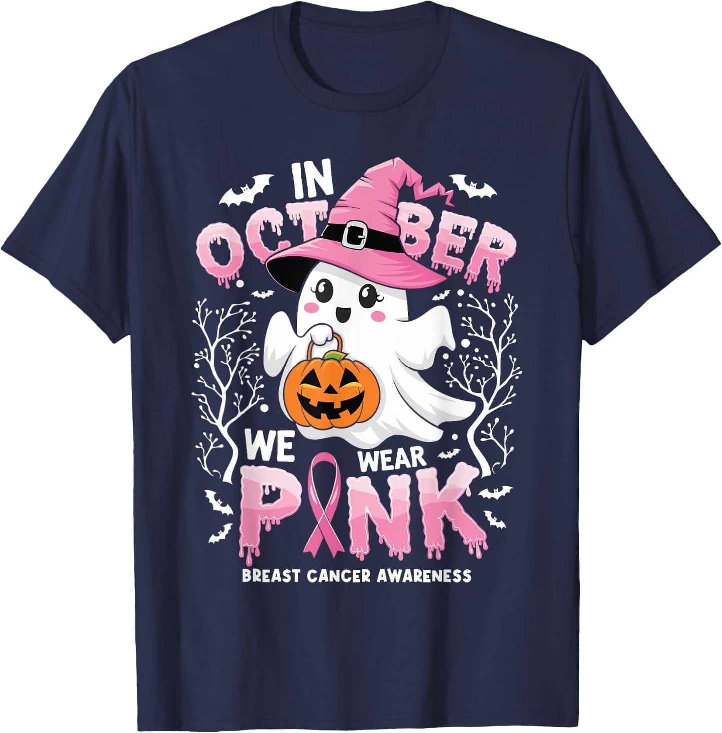 In October We Wear Pink Ghost Witch Breast Cancer Awareness T-Shirt - T-Shirt | Navy