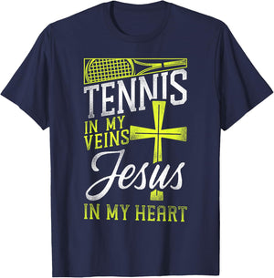 Funny Tennis Player Racket Jesus Faith Christian Tennis In T-Shirt - T-Shirt | Navy