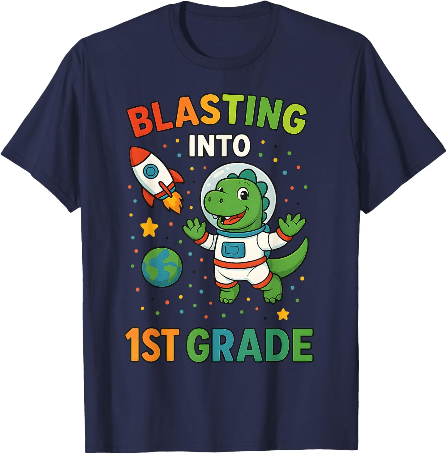 Blasting Into 1st Grade Dinosaur Astronaut Back To School T-Shirt - T-Shirt | Navy