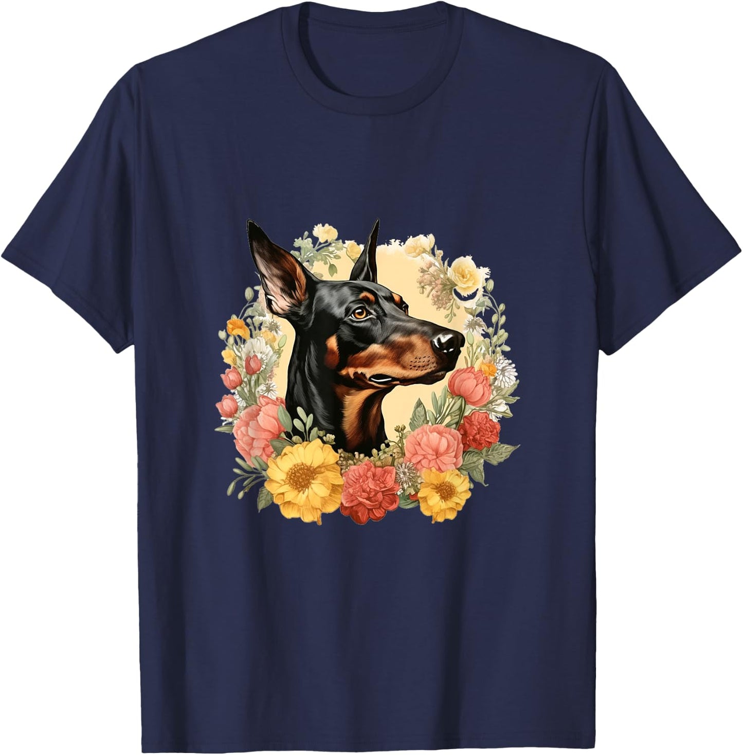 Doberman Pinscher Dog With Flowers Vintage Floral Border T-Shirt - T-Shirt | Navy