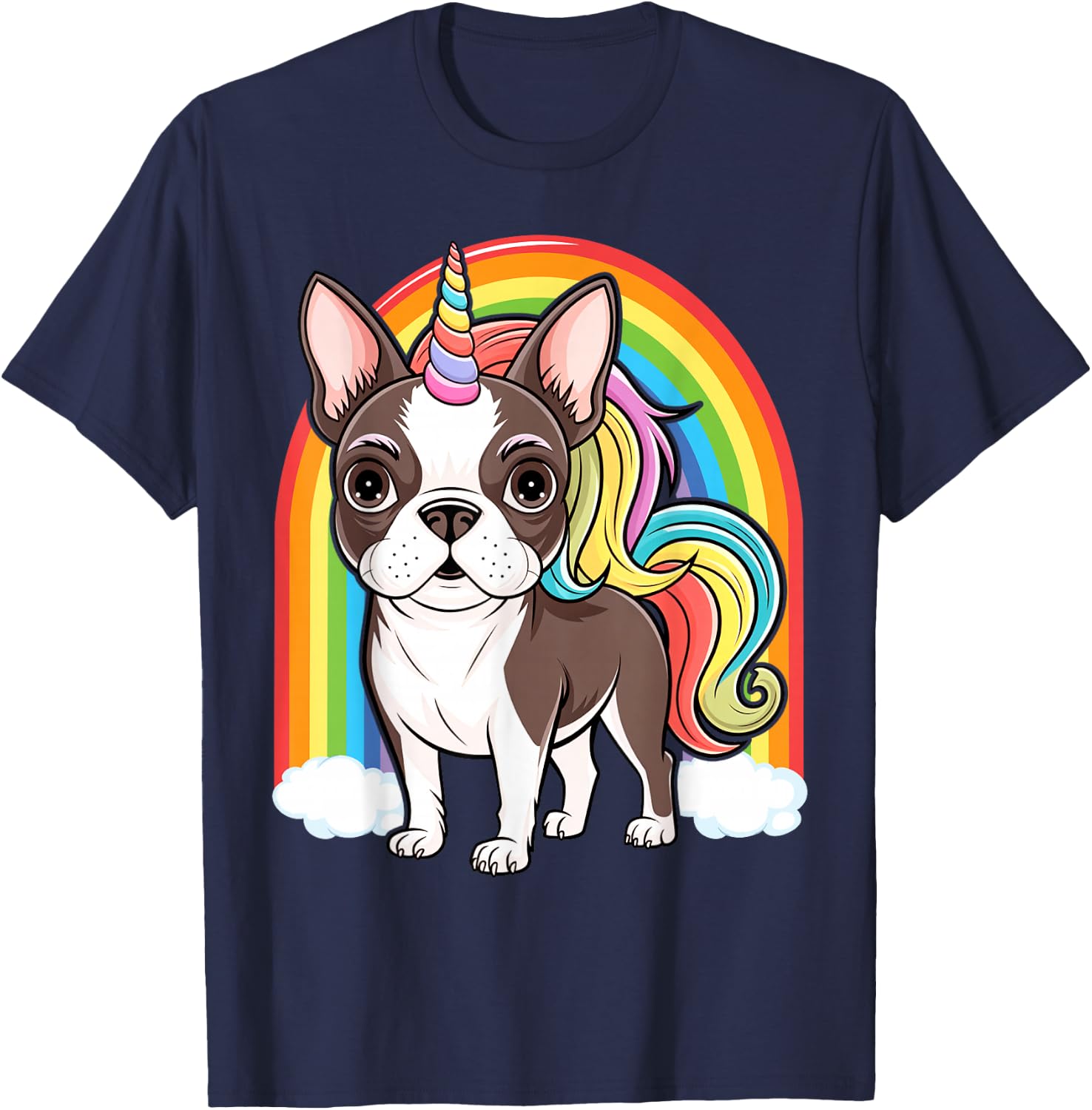 Cute Boston Terrier Unicorn Rainbow T-Shirt - T-Shirt | Navy