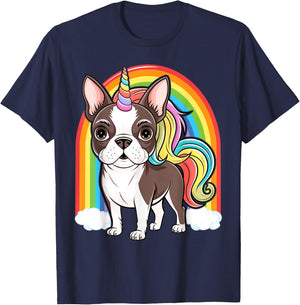 Cute Boston Terrier Unicorn Rainbow T-Shirt - T-Shirt | Navy