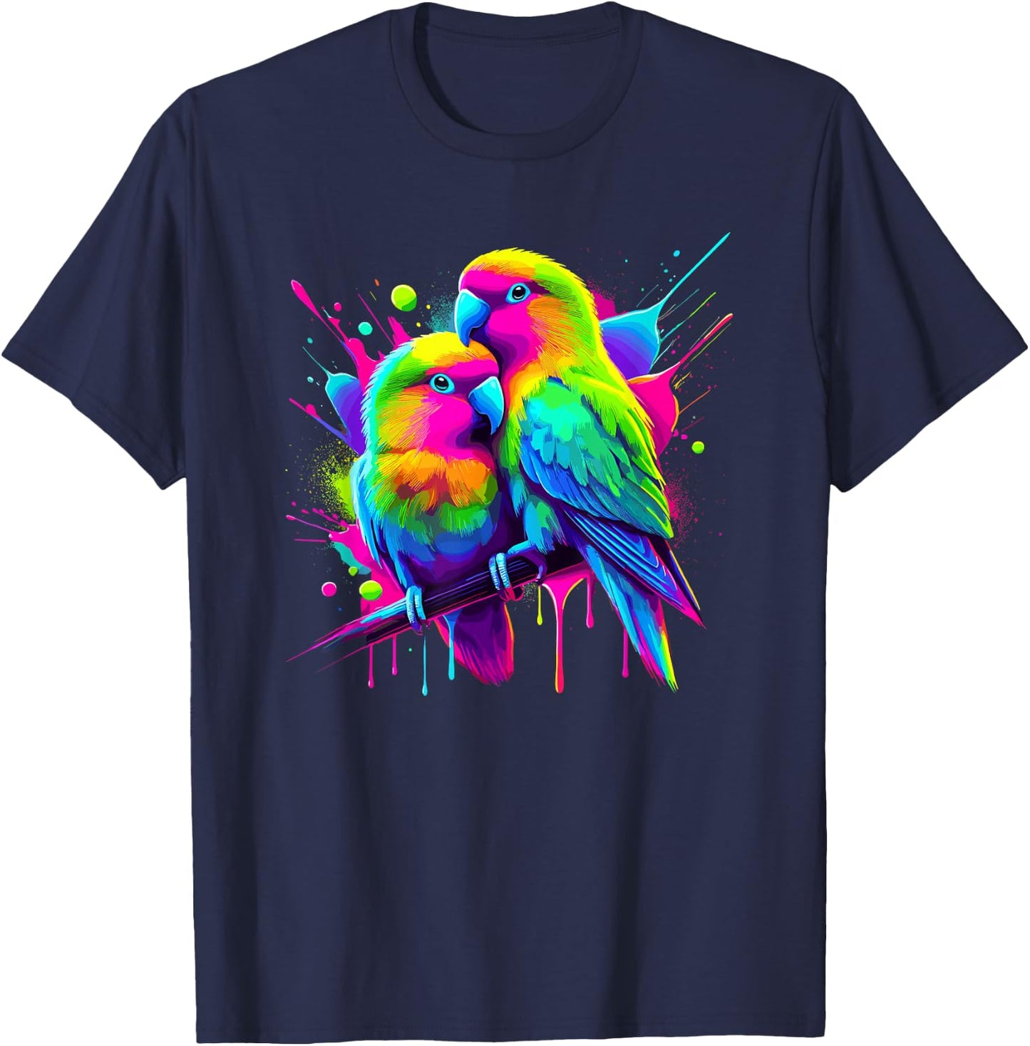 Paint Art Lovebirds Watching Lovebird , Black, S T-Shirt - T-Shirt | Navy