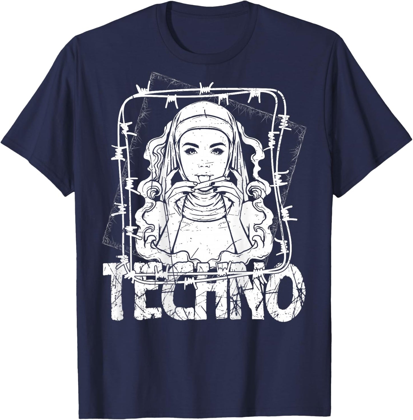 BACKPRINT Techno Merch Rave Kleidung 200 BPM Techno Nonne T-Shirt - T-Shirt | Navy