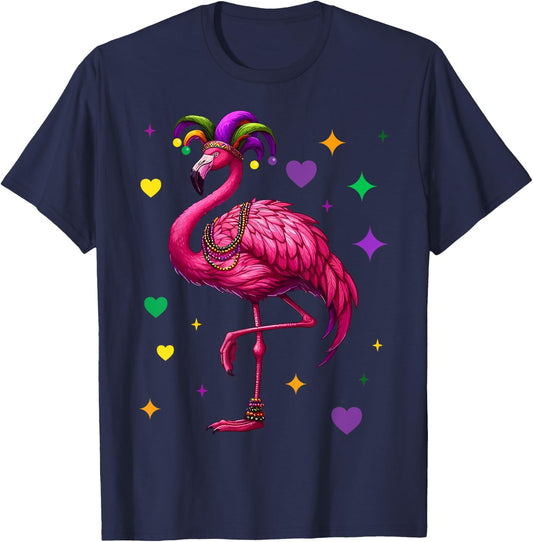 Flamingo Wearing Jester Hat Mardi Gras Fun T-Shirt - T-Shirt | Navy