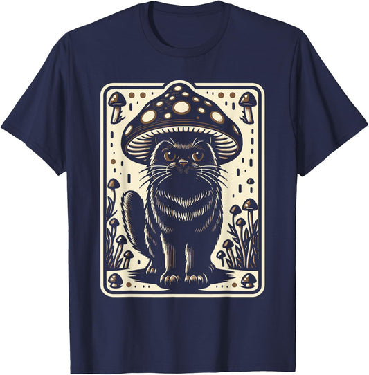 Cottagecore Aesthetic Cat With Mushroom Hat Cottage Core Women Kids T-Shirt - T-Shirt | Navy