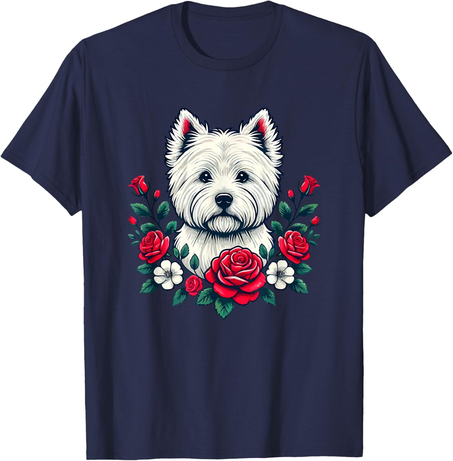 Roses Flowers West Highland White Terrier Westie T-Shirt - T-Shirt | Navy