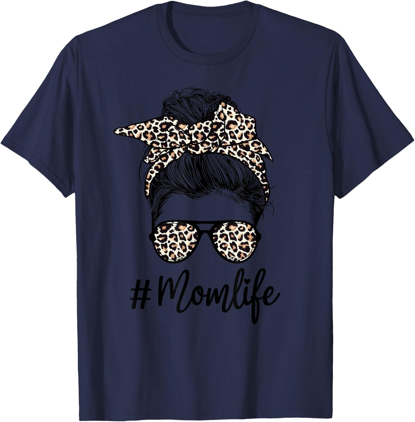 Mom Life Leopard Messy Bun Hair Bandana Glasses T-Shirt - T-Shirt | Navy
