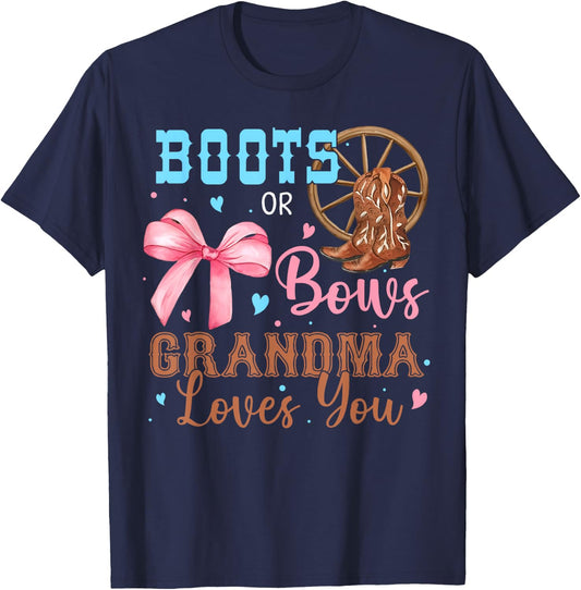 Boots or Bows Gender Reveal Decorations Grandma Loves You T-Shirt - T-Shirt | Navy