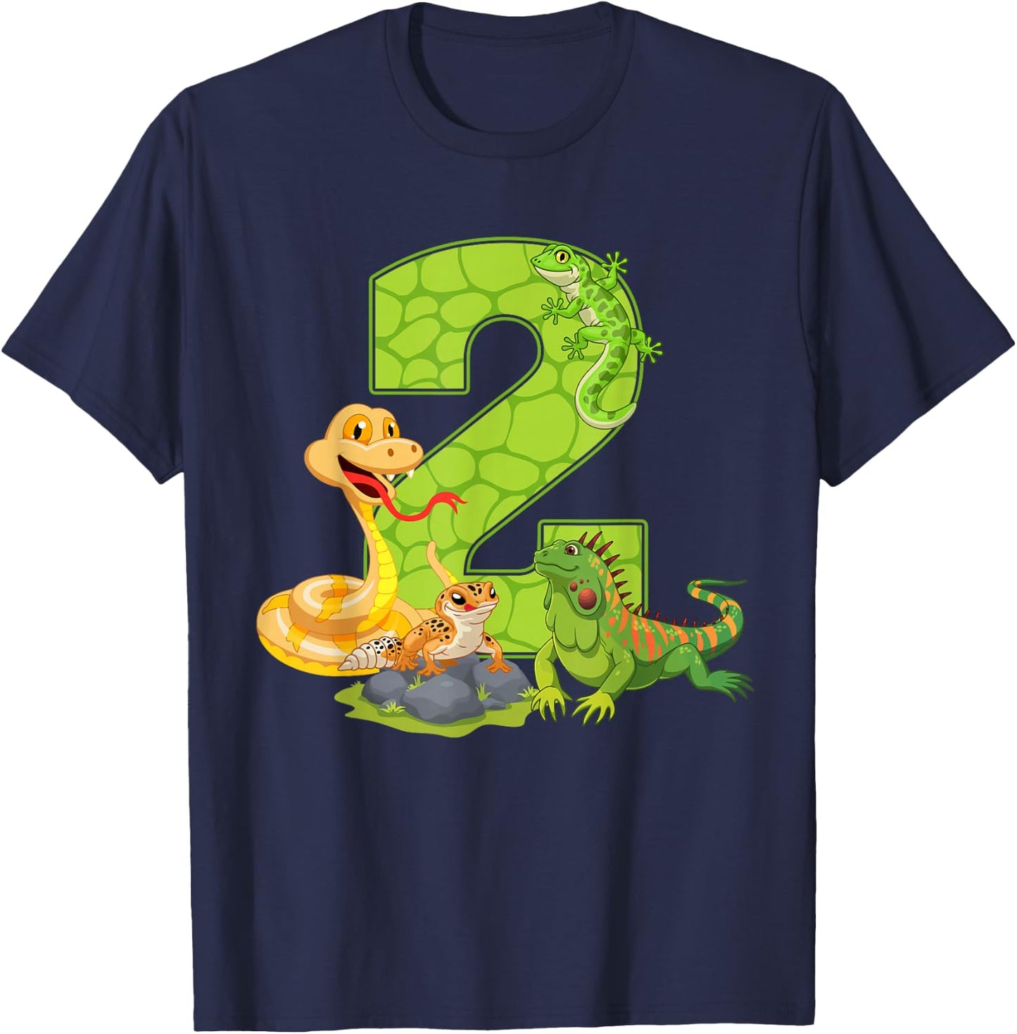 2nd Birthday Snake Lizard Reptile 2 Year Old Birthday Party T-Shirt - T-Shirt | Navy