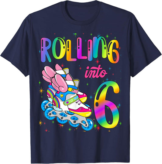 Rolling Into 6 years Let's Roll I'm Turning 6 Roller Skate T-Shirt - T-Shirt | Navy