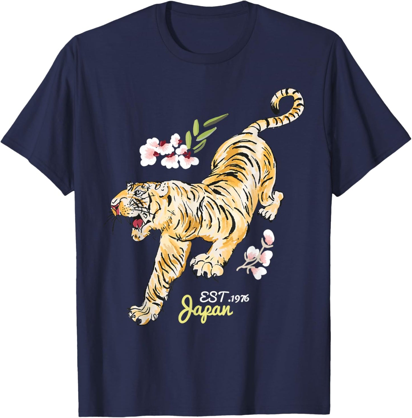 Vintage Japanese Tiger - Asian Flowers Tattoo Art T-Shirt - T-Shirt | Navy