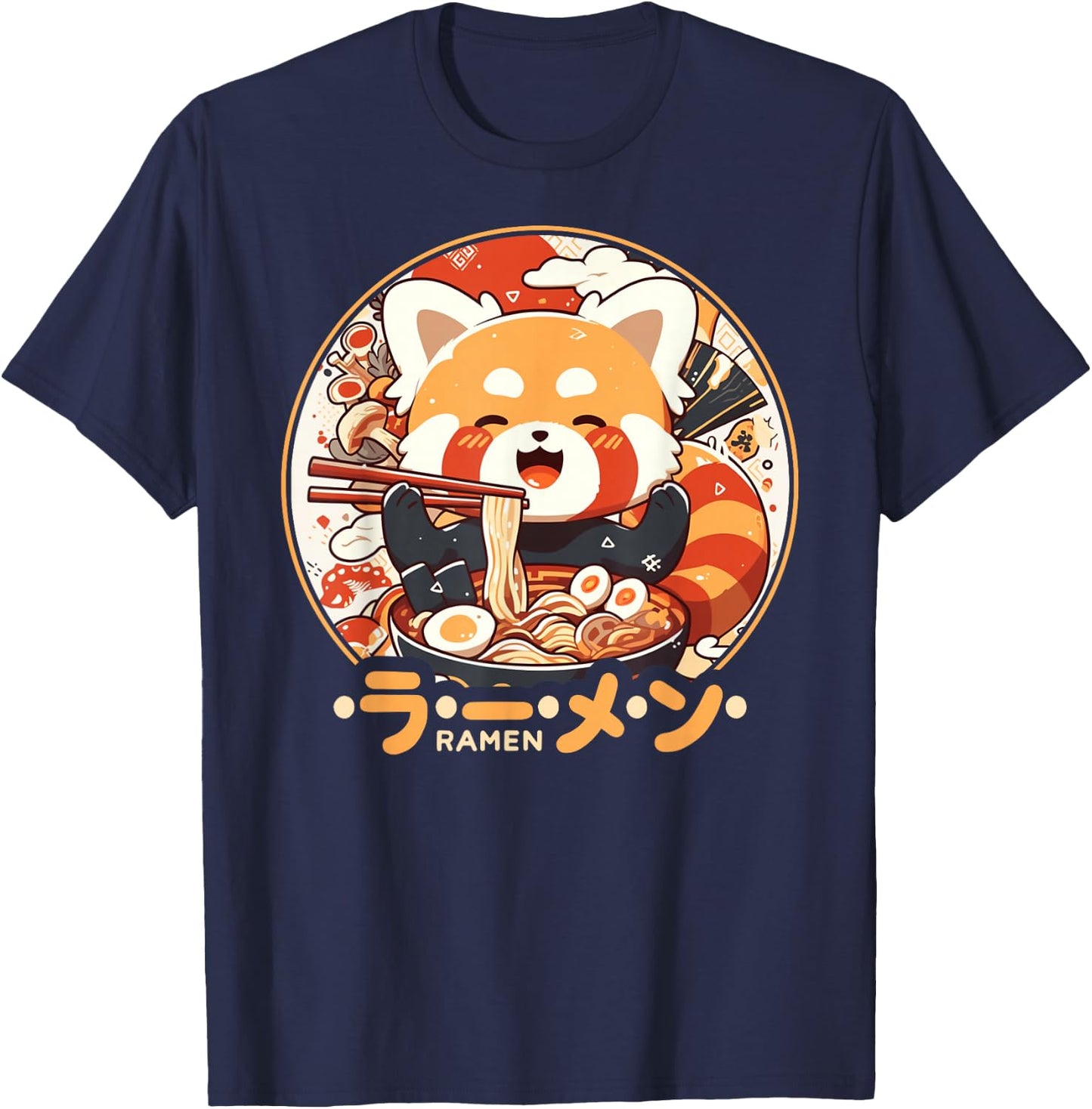Red Panda Loves Ramen Kawaii Neko Red Panda Ramen , black T-Shirt - T-Shirt | Navy