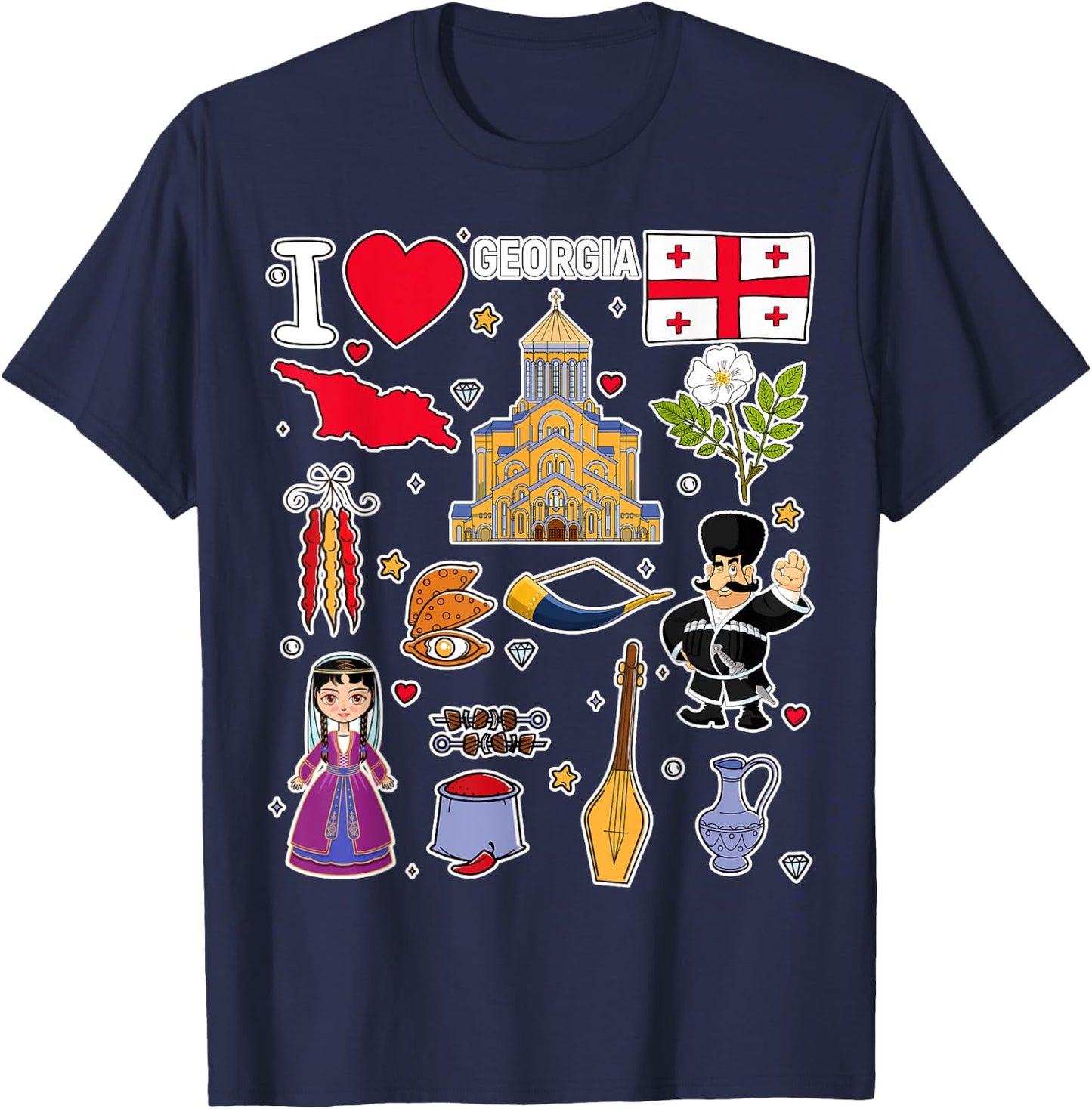 Georgian hand drawn symbols, Georgia map, cultural icons T-Shirt - T-Shirt | Navy