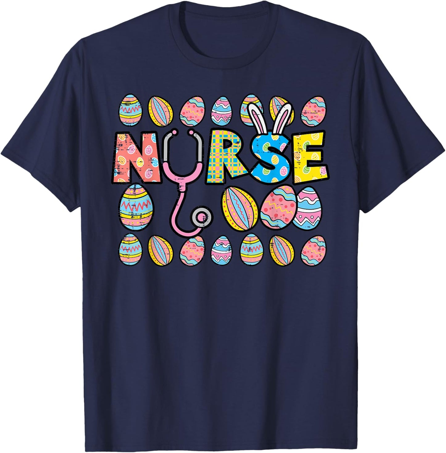 Easter Eggs Nurse Stethoscope Scrub Top Spring Squad Women T-Shirt - T-Shirt | Navy