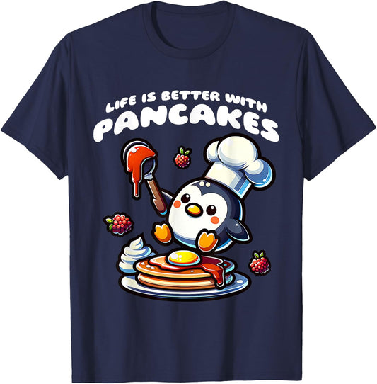 Life is Better with Pancakes Penguin Funny Breakfast Food T-Shirt - T-Shirt | Navy