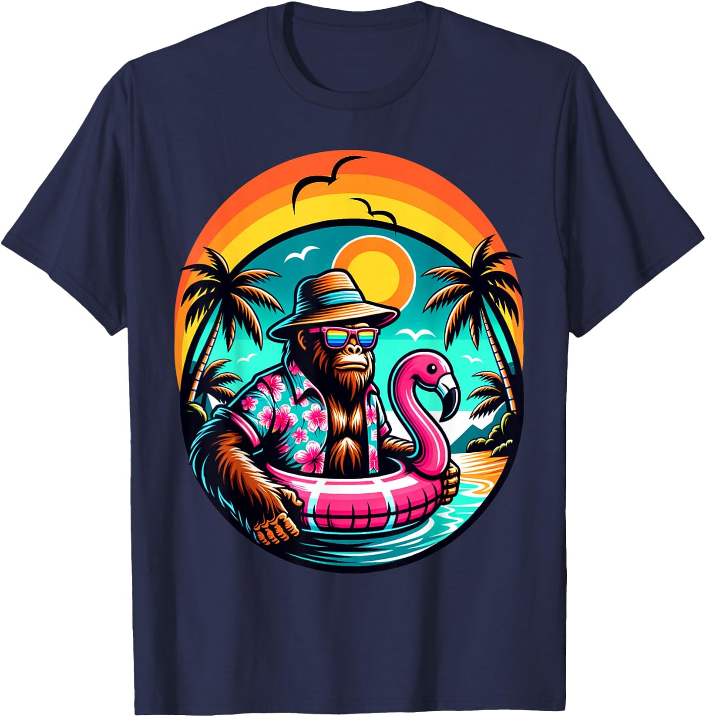 Bigfoot Pink Flamingo Aloha Pool Party Hawaiian Party T-Shirt - T-Shirt | Navy