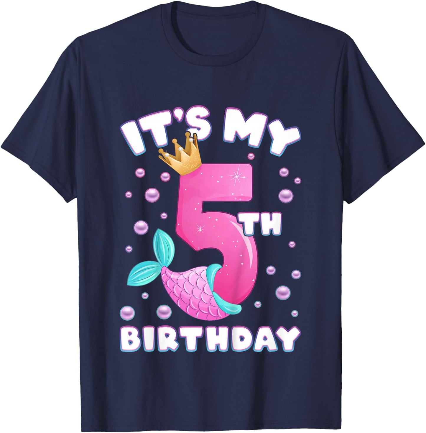 5th Birthday, Girl, Mermaid Fin, Number 5 T-Shirt - T-Shirt | Navy