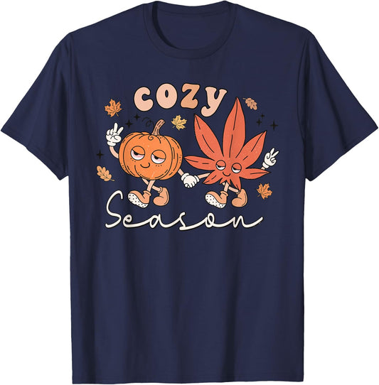 Cozy Season Pumpkin Weed Marijuana Happy Fall Thanksgiving T-Shirt - T-Shirt | Navy