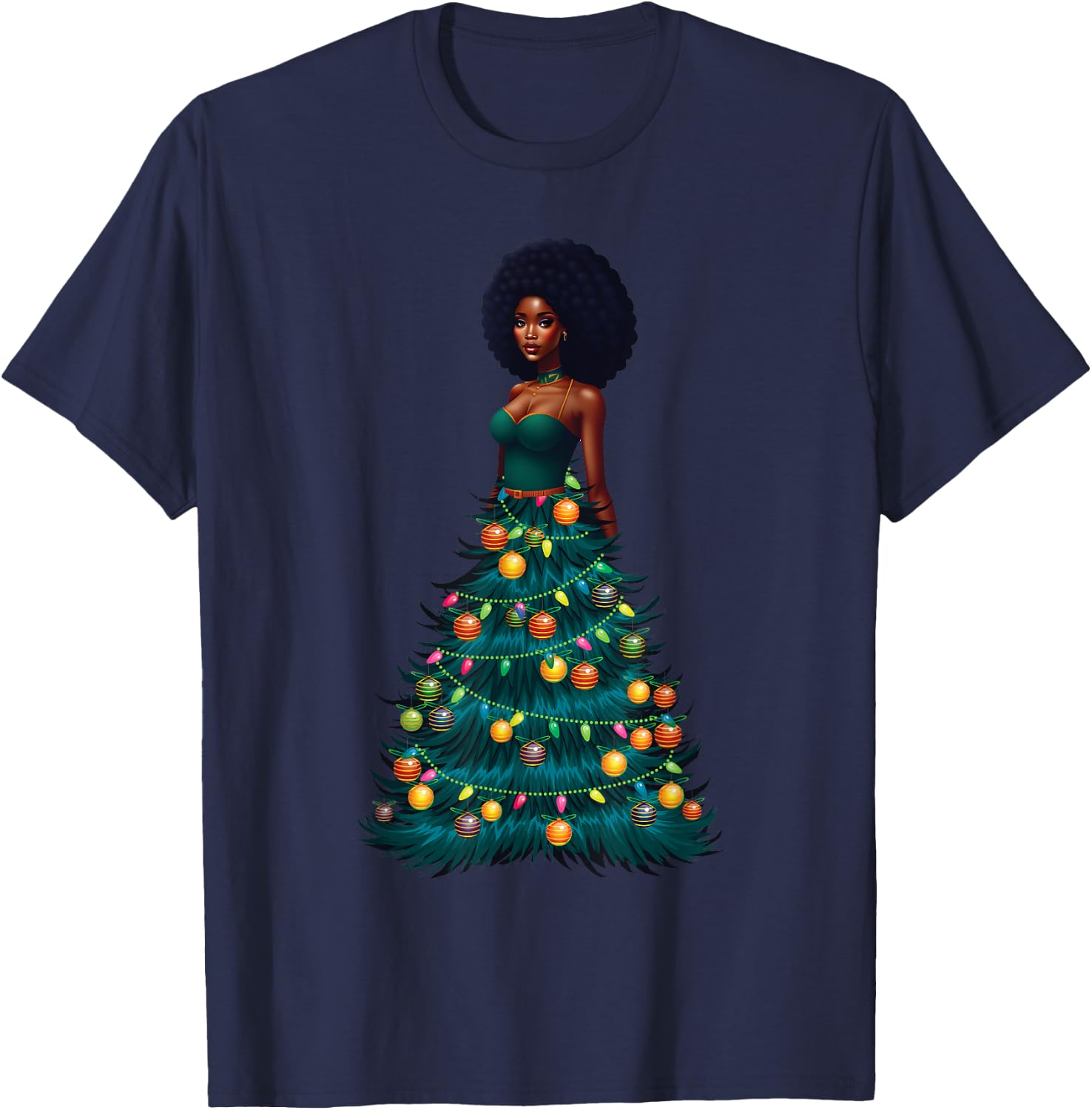 African American Woman Christmas Tree Dress Xmas Decor T-Shirt - T-Shirt | Navy