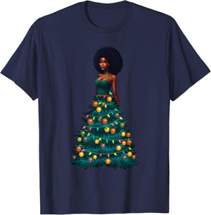 African American Woman Christmas Tree Dress Xmas Decor T-Shirt - T-Shirt | Navy