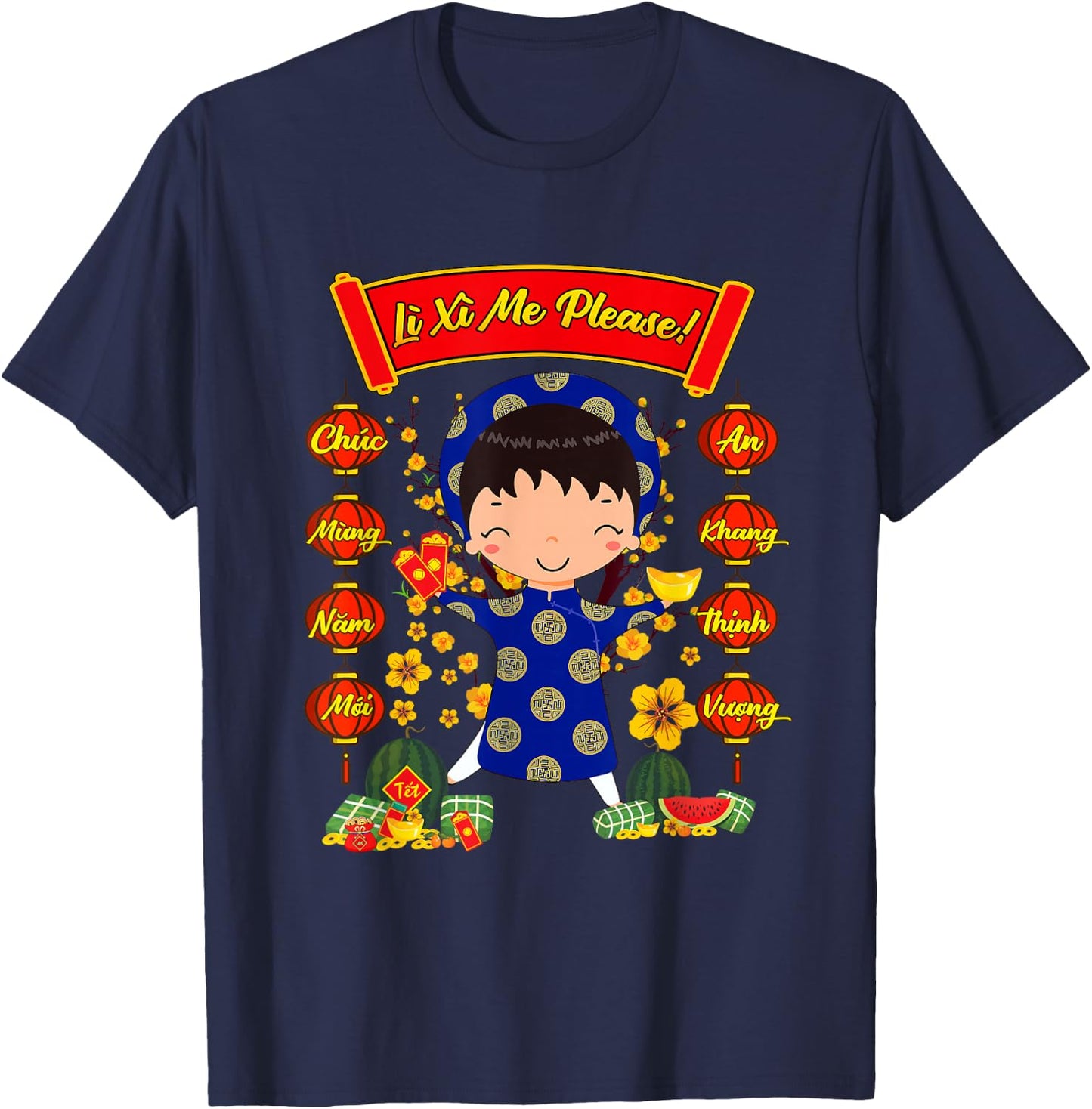 Li Xi Me Please Ao Dai Vietnamese Dress Boys Tet Decorations T-Shirt - T-Shirt | Navy