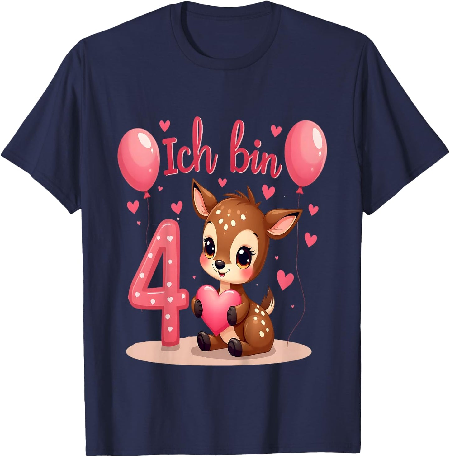 Children's Cute Deer I Am 4 Children's Birthday 4th Birthday Girl , black T-Shirt - T-Shirt | Navy