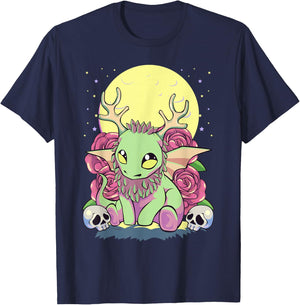 Pastel Goth Kawaii Occult Jackalope Cryptid Dragon Roses T-Shirt - T-Shirt | Navy
