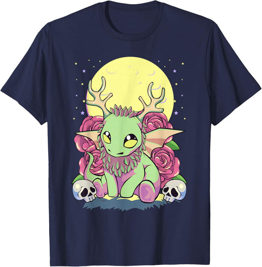 Pastel Goth Kawaii Occult Jackalope Cryptid Dragon Roses T-Shirt - T-Shirt | Navy