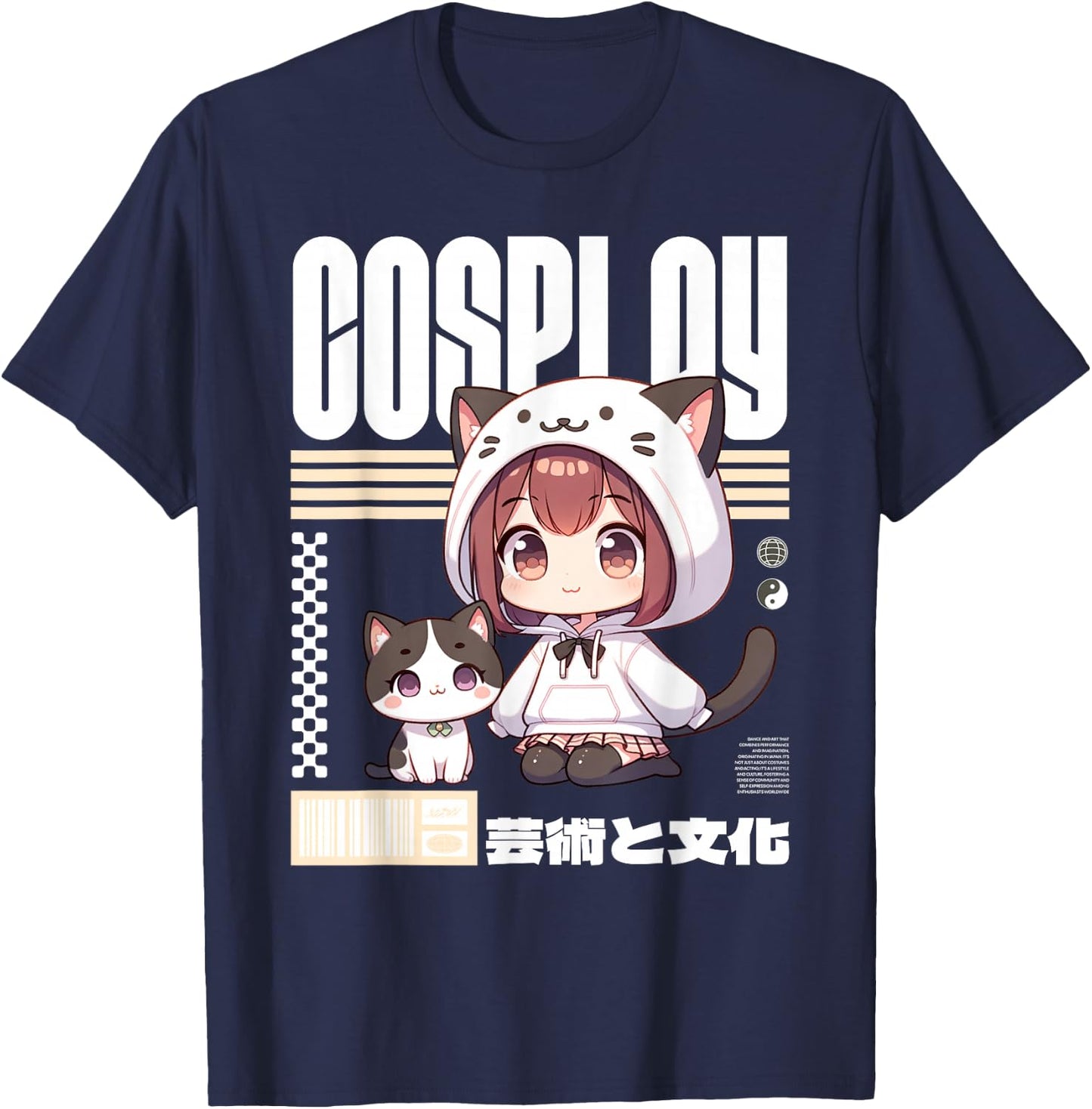 Japanese Manga Costume for Girl with Cat , Black, S T-Shirt - T-Shirt | Navy