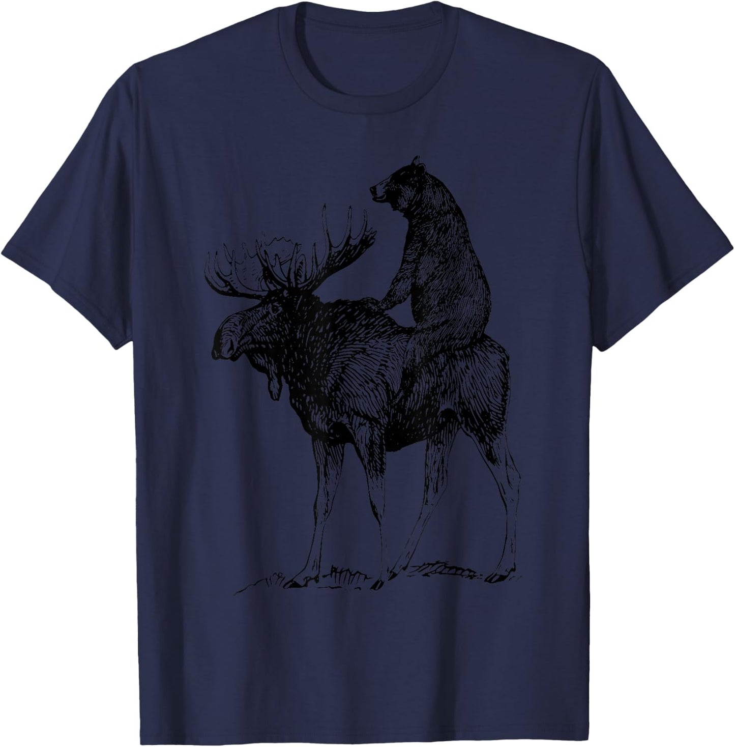 Vintage Cute Bear Riding Moose Nature Animals Retro T-Shirt - T-Shirt | Navy