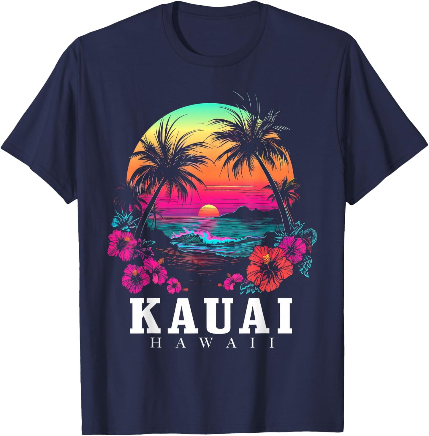 Kauai Hawaii Hawaiian Hibiscus Flowers Surfer Souvenir T-Shirt - T-Shirt | Navy