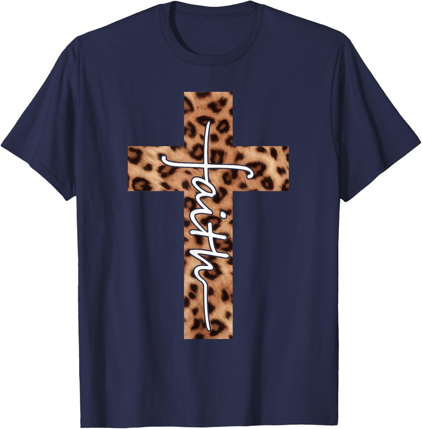 Faith Leopard Cross Christian Religious Faith Aesthetic T-Shirt - T-Shirt | Navy