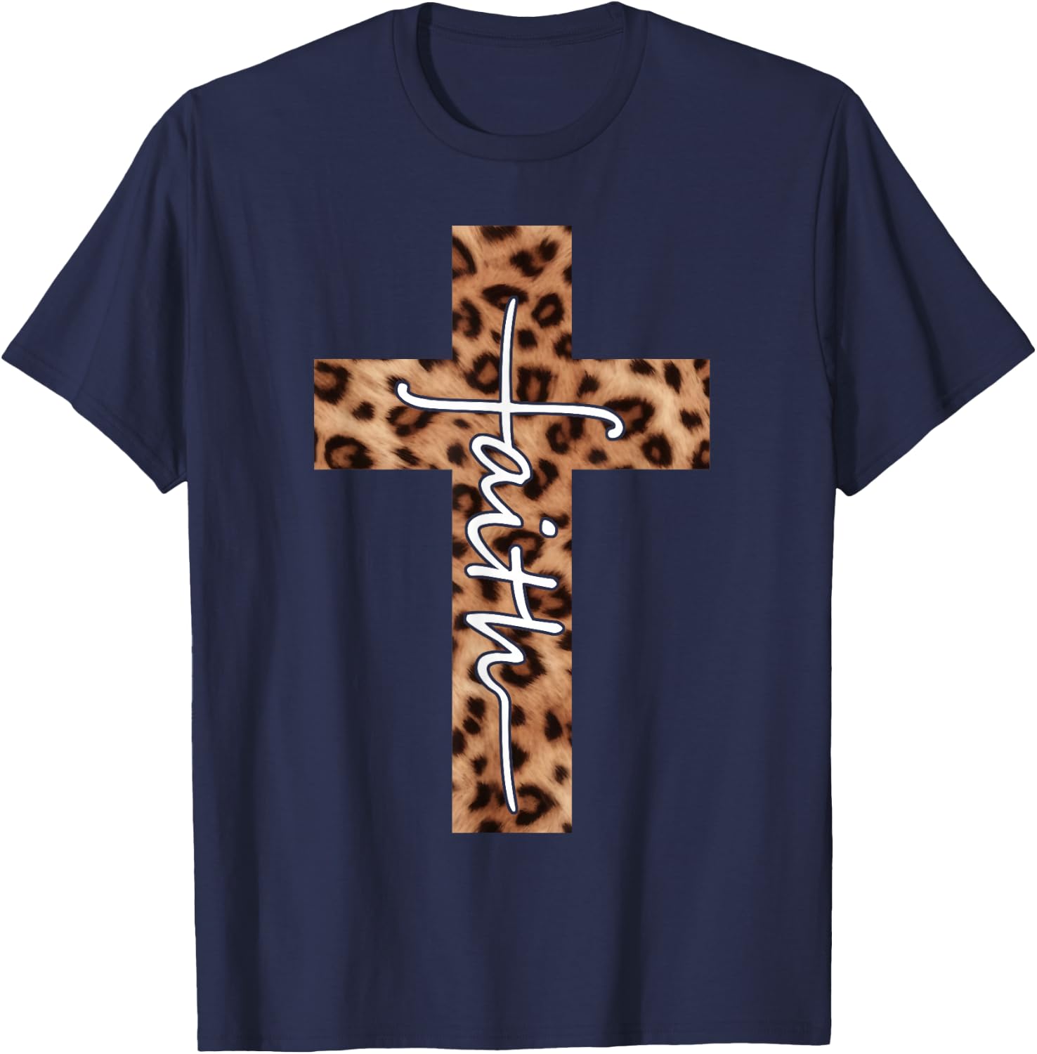 Faith Leopard Cross Christian Religious Faith Aesthetic T-Shirt - T-Shirt | Navy
