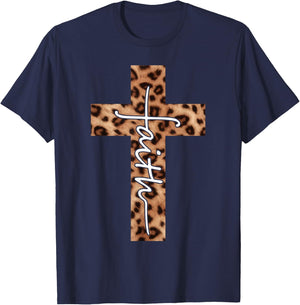 Faith Leopard Cross Christian Religious Faith Aesthetic T-Shirt - T-Shirt | Navy