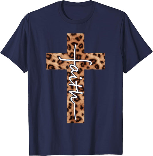 Faith Leopard Cross Christian Religious Faith Aesthetic T-Shirt - T-Shirt | Navy