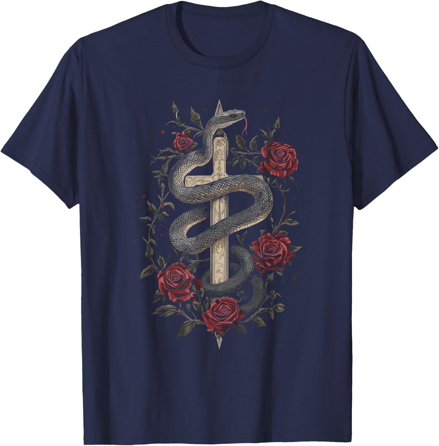 Snakes and Roses Around a Sword - Gothic , Black, S T-Shirt - T-Shirt | Navy