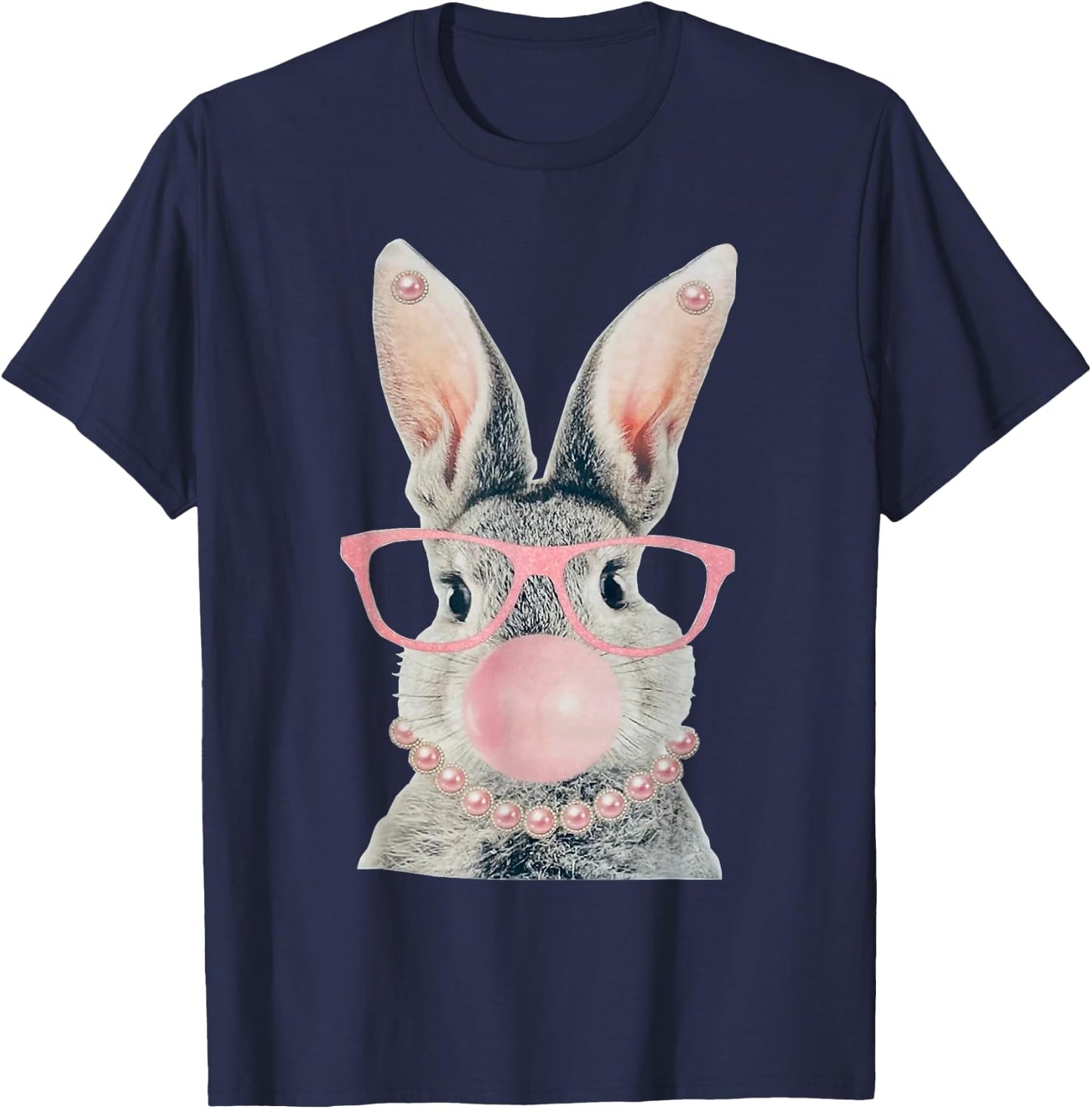 GLAM Funny BUNNY Wear Glasses Bead T-Shirt - T-Shirt | Navy