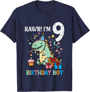 Kids Rawr Im 9 Dinosaur Birthday Boy Cute 9th Bday Trex Boys Kids T-Shirt - T-Shirt | Navy