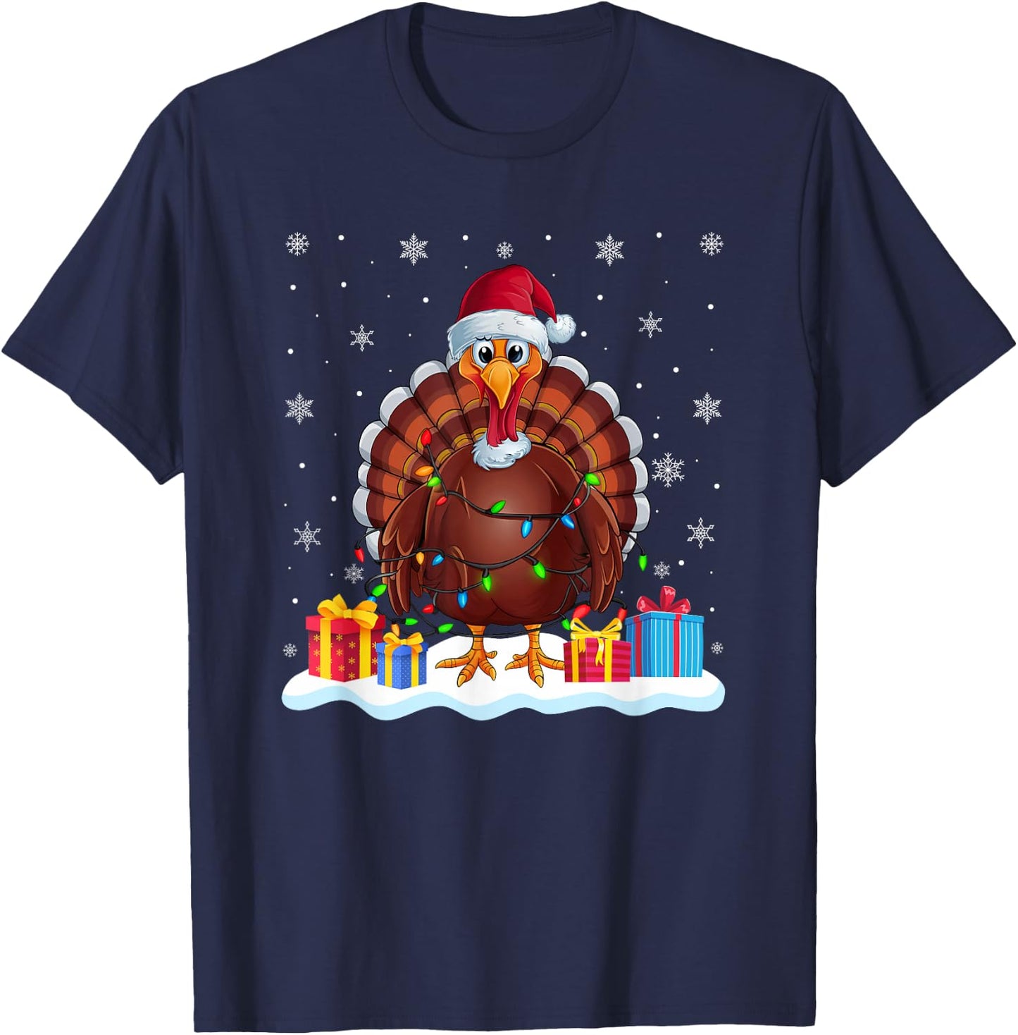 Turkey Santa Hat Christmas Tree Light Xmas Pajama T-Shirt - T-Shirt | Navy