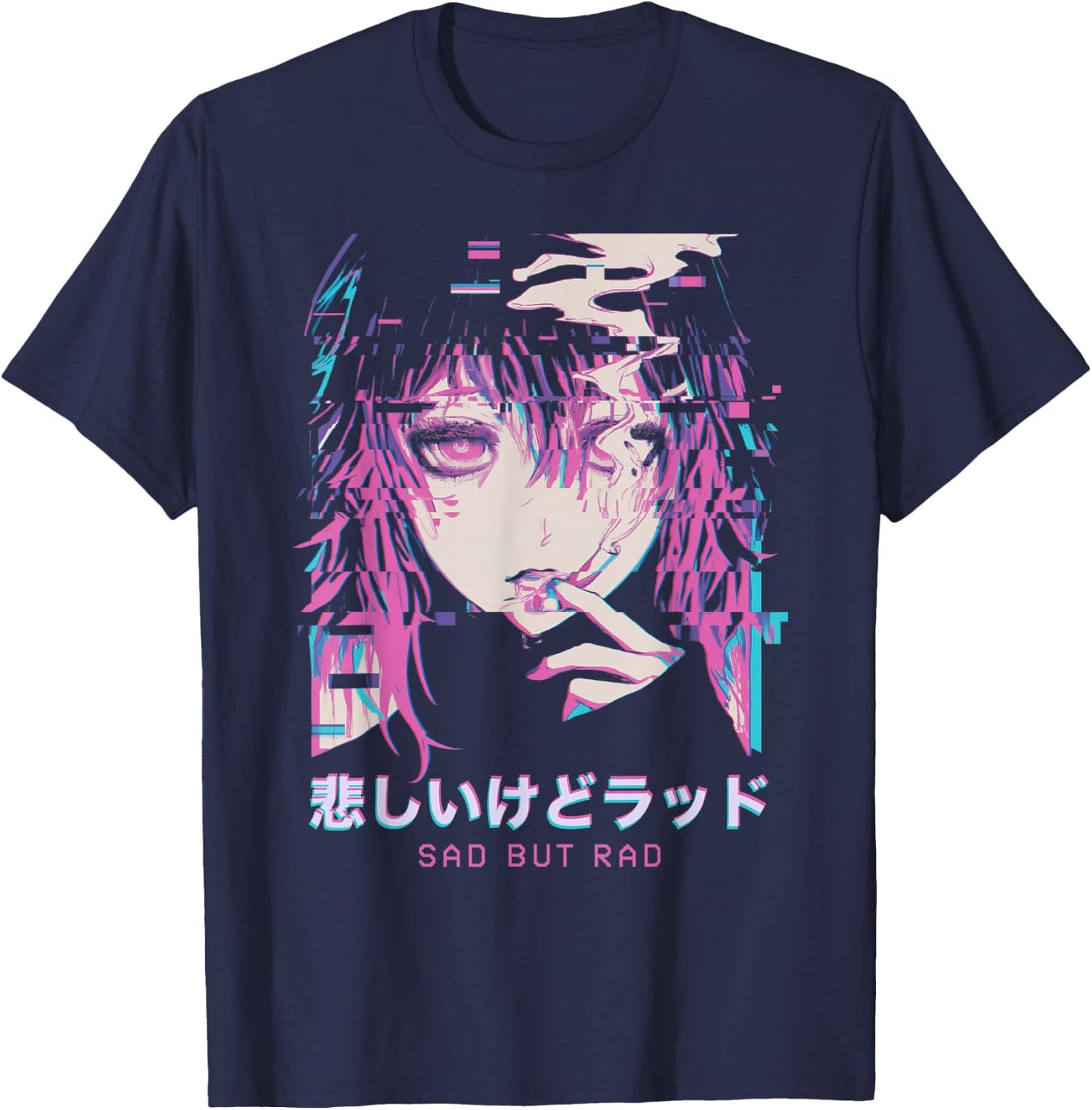 Smoking Anime Femboy Glitch Sad But Rad Vaporwave Hentai , Black, S T-Shirt - T-Shirt | Navy