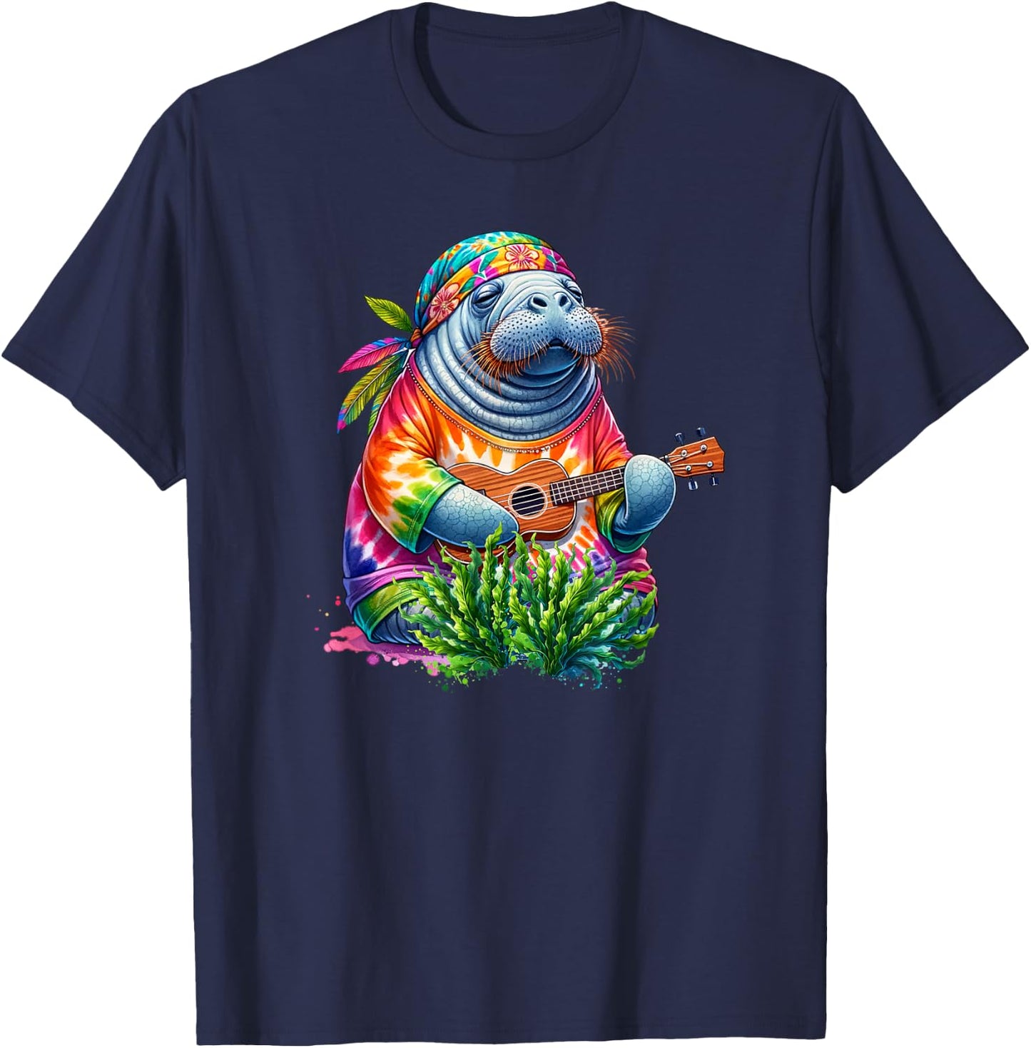 Funny Manatee Wears Hippie Tie Dye Playing Ukulele Uke Life T-Shirt - T-Shirt | Navy